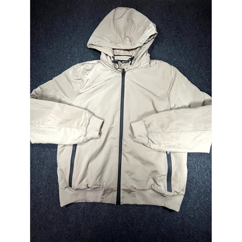 Alo Yoga Fleet Bomber Jacket Mens Medium Beige Lined Removable Hood Full Zip